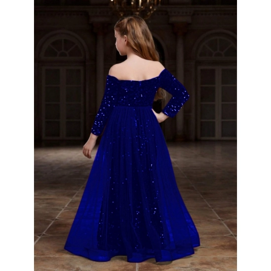 Generic Girl's Rayon Solid Off Sholder Western Dress (Blue)