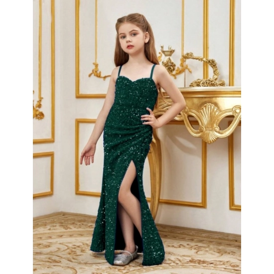 Generic Girl's Rayon Solid Off Sholder Western Dress (Green)