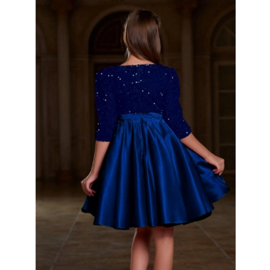 Generic Girl's Rayon Solid Round Neck Western Dress (Blue)