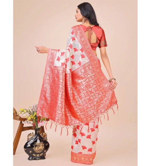Generic Women's Linen Cotton Printed Saree With Unstitched Blouse 5.5Mtr (Red)