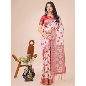Generic Women's Linen Cotton Printed Saree With Unstitched Blouse 5.5Mtr (Red)