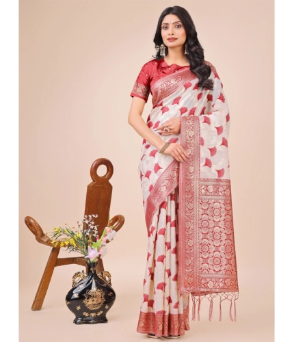 Generic Women's Linen Cotton Printed Saree With Unstitched Blouse 5.5Mtr (Red)