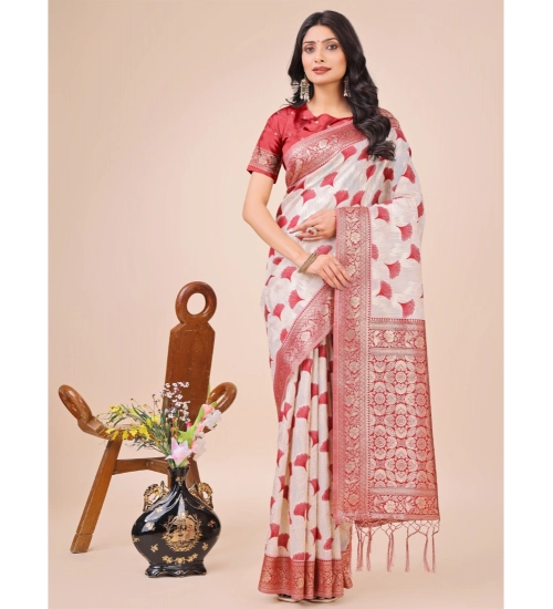 Generic Women's Linen Cotton Printed Saree With Unstitched Blouse 5.5Mtr (Red)