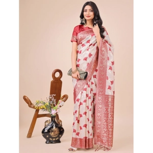 Generic Women's Linen Cotton Printed Saree With Unstitched Blouse 5.5Mtr (Maroon)