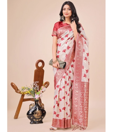 Generic Women's Linen Cotton Printed Saree With Unstitched Blouse 5.5Mtr (Maroon)