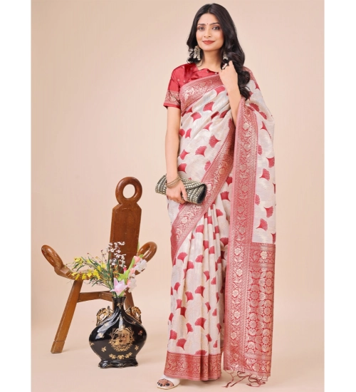 Generic Women's Linen Cotton Printed Saree With Unstitched Blouse 5.5Mtr (Maroon)