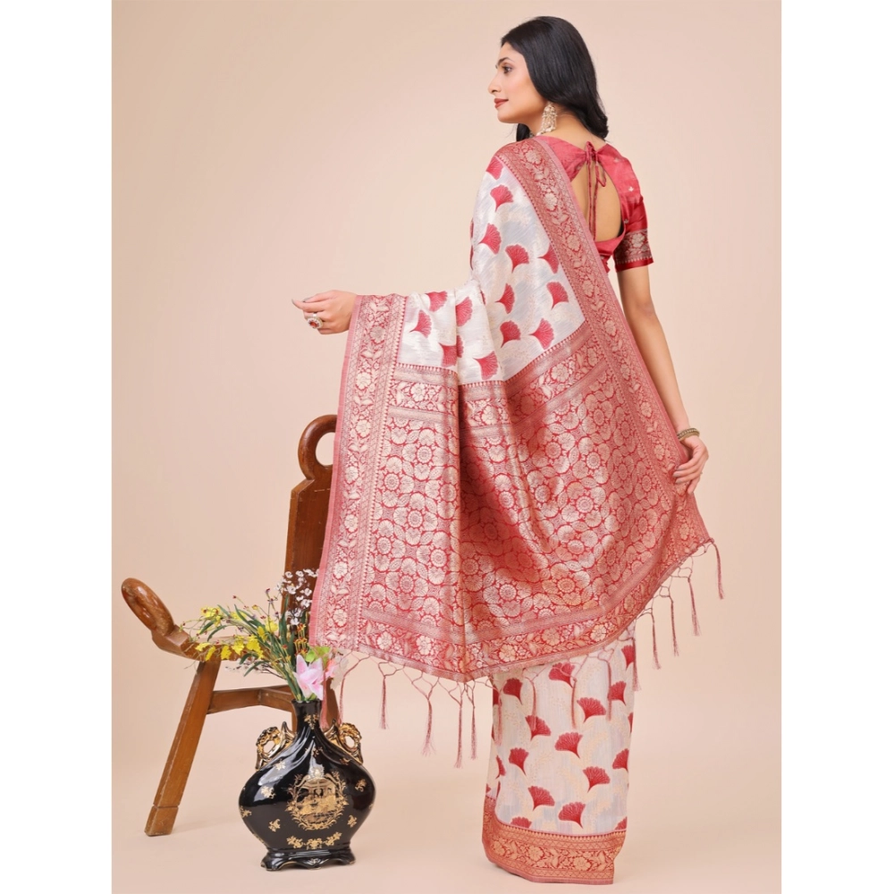 Generic Women's Linen Cotton Printed Saree With Unstitched Blouse 5.5Mtr (Maroon)