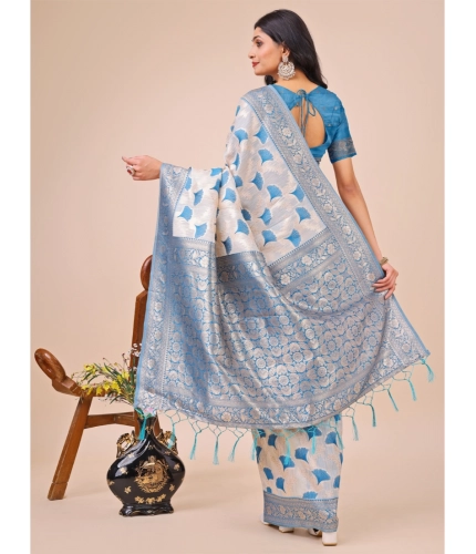 Generic Women's Linen Cotton Printed Saree With Unstitched Blouse 5.5Mtr (Sky Blue)