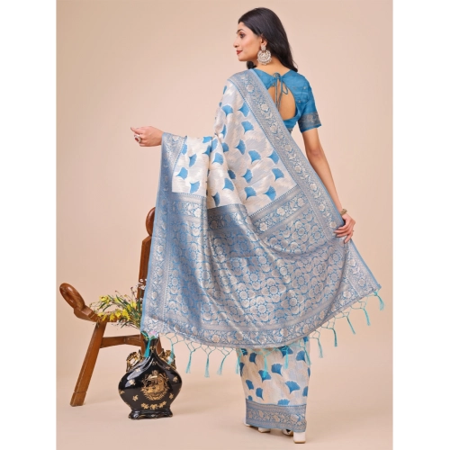 Women's Linen Cotton Printed Saree With Unstitched Blouse 5.5Mtr (Sky Blue)