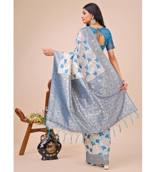 Generic Women's Linen Cotton Printed Saree With Unstitched Blouse 5.5Mtr (Sky Blue)