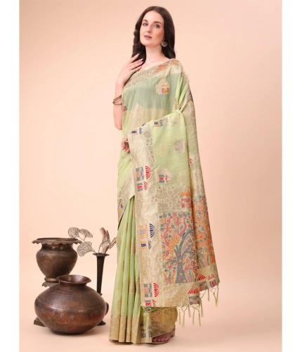 Generic Women's Linen Cotton Printed Saree With Unstitched Blouse 5.5Mtr (Light Green)