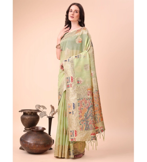 Generic Women's Linen Cotton Printed Saree With Unstitched Blouse 5.5Mtr (Light Green)