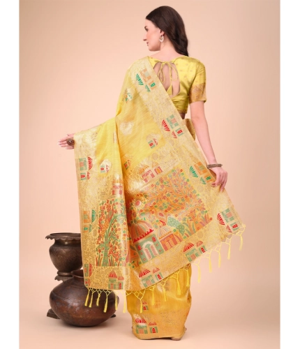 Generic Women's Linen Cotton Printed Saree With Unstitched Blouse 5.5Mtr (Yellow)