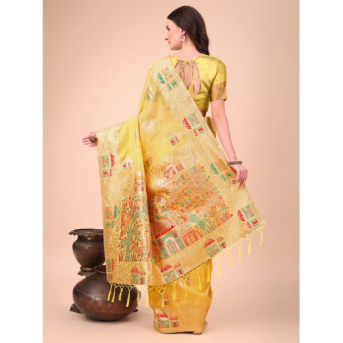 Women's Linen Cotton Printed Saree With Unstitched Blouse 5.5Mtr (Yellow) Women's Linen Cotton Printed Saree With Unstitched Blouse 5.5Mtr (Yellow)
