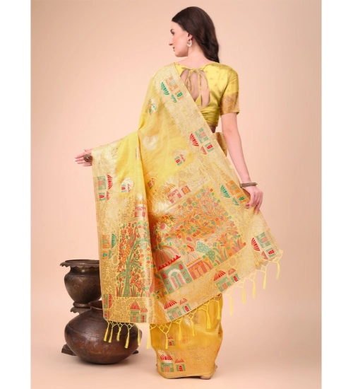 Generic Women's Linen Cotton Printed Saree With Unstitched Blouse 5.5Mtr (Yellow)