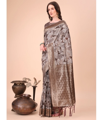 Generic Women's Cotton Printed Saree With Unstitched Blouse 5.5Mtr (Brown)