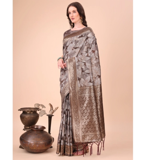 Generic Women's Cotton Printed Saree With Unstitched Blouse 5.5Mtr (Brown)