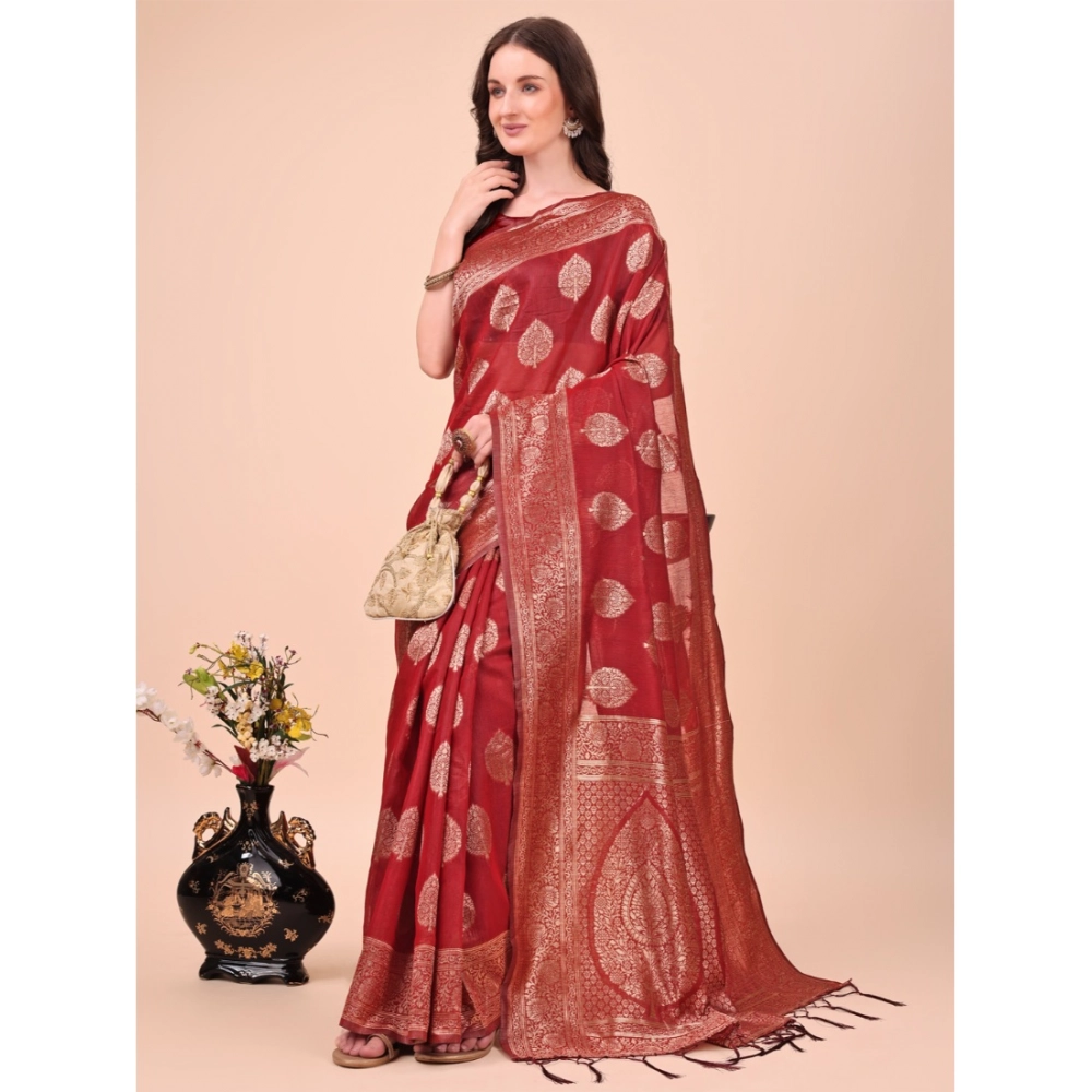 Generic Women's Cotton Printed Saree With Unstitched Blouse 5.5Mtr (Maroon)