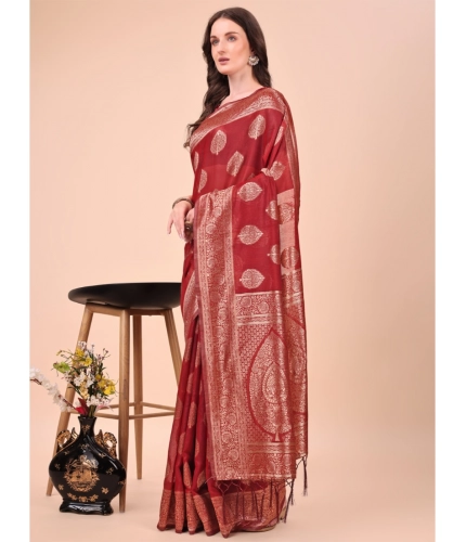 Generic Women's Cotton Printed Saree With Unstitched Blouse 5.5Mtr (Maroon)