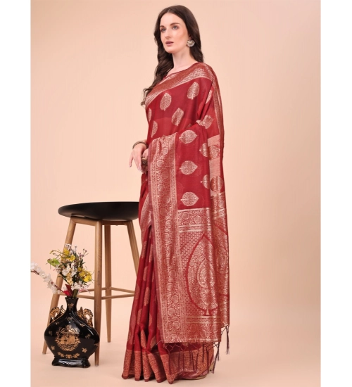 Generic Women's Cotton Printed Saree With Unstitched Blouse 5.5Mtr (Maroon)
