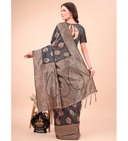 Generic Women's Cotton Printed Saree With Unstitched Blouse 5.5Mtr (Black)