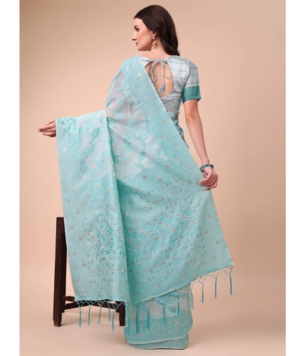 Generic Women's Cotton Printed Saree With Unstitched Blouse 5.5Mtr (Sky Blue)
