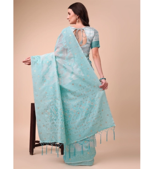 Generic Women's Cotton Printed Saree With Unstitched Blouse 5.5Mtr (Sky Blue)