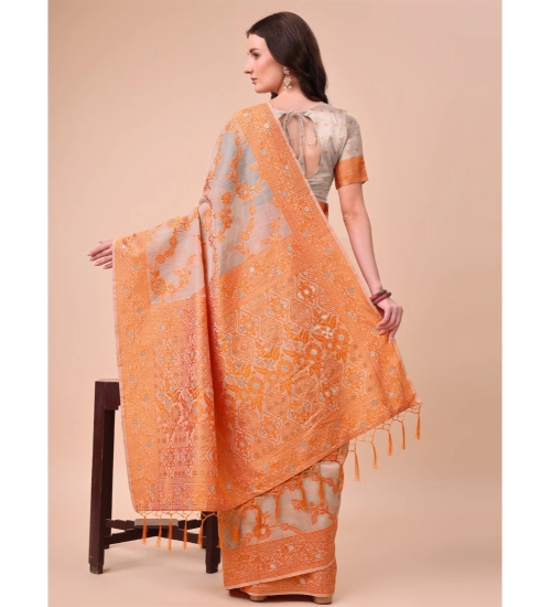 Generic Women's Cotton Printed Saree With Unstitched Blouse 5.5Mtr (Orange)