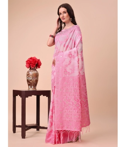 Generic Women's Cotton Printed Saree With Unstitched Blouse 5.5Mtr (Pink)