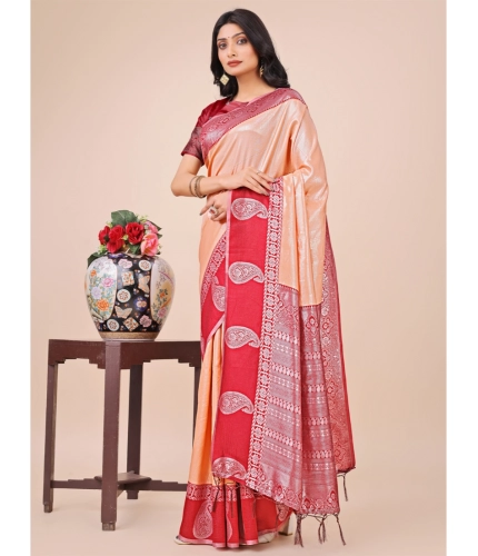 Generic Women's Lichi Silk Printed Saree With Unstitched Blouse 5.5Mtr (Peach)