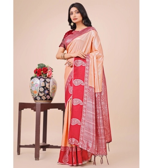 Generic Women's Lichi Silk Printed Saree With Unstitched Blouse 5.5Mtr (Peach)