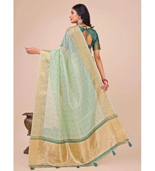 Generic Women's Organza Printed Saree With Unstitched Blouse 5.5Mtr (Olive Green)