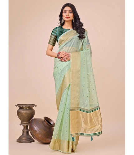 Generic Women's Organza Printed Saree With Unstitched Blouse 5.5Mtr (Olive Green)