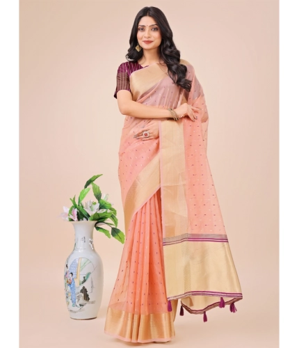 Generic Women's Organza Printed Saree With Unstitched Blouse 5.5Mtr (Light Pink)
