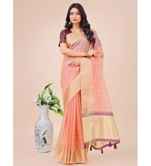 Generic Women's Organza Printed Saree With Unstitched Blouse 5.5Mtr (Light Pink)