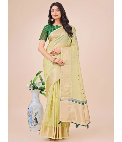 Generic Women's Organza Printed Saree With Unstitched Blouse 5.5Mtr (Light Green)