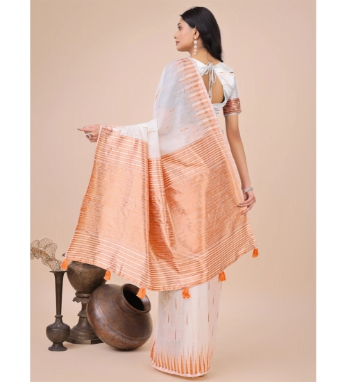 Generic Women's Linen Cotton Printed Saree With Unstitched Blouse 5.5Mtr (White)