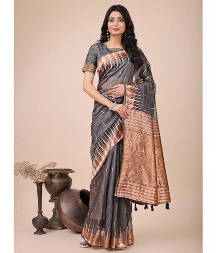 Generic Women's Linen Cotton Printed Saree With Unstitched Blouse 5.5Mtr (Grey)