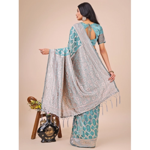 Women's Linen Cotton Printed Saree With Unstitched Blouse 5.5Mtr (Teal)
