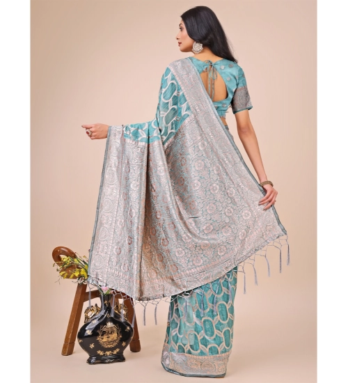 Generic Women's Linen Cotton Printed Saree With Unstitched Blouse 5.5Mtr (Teal)