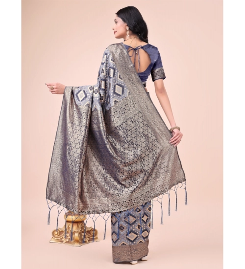 Generic Women's Cotton Printed Saree With Unstitched Blouse 5.5Mtr (Navy Blue)