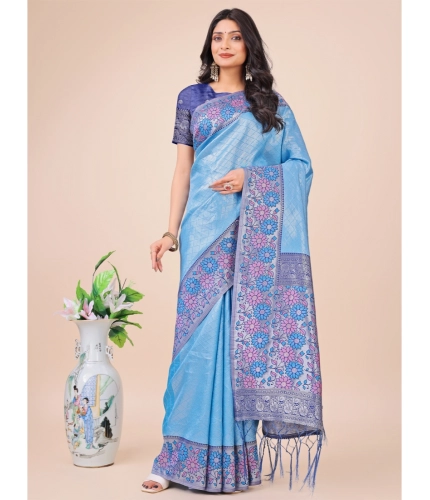 Generic Women's Lichi Silk Printed Saree With Unstitched Blouse 5.5Mtr (Sky Blue)