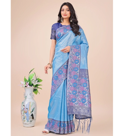 Generic Women's Lichi Silk Printed Saree With Unstitched Blouse 5.5Mtr (Sky Blue)
