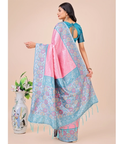 Generic Women's Lichi Silk Printed Saree With Unstitched Blouse 5.5Mtr (Pink)