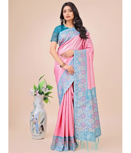Generic Women's Lichi Silk Printed Saree With Unstitched Blouse 5.5Mtr (Pink)