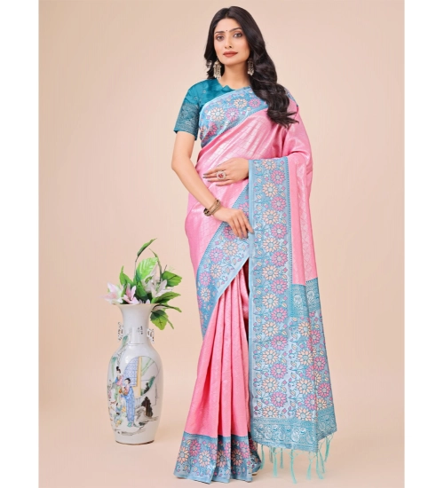 Generic Women's Lichi Silk Printed Saree With Unstitched Blouse 5.5Mtr (Pink)