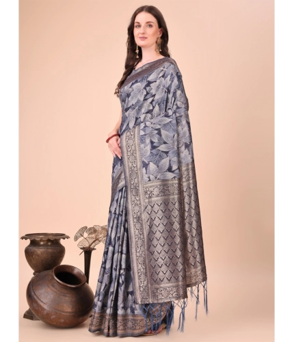 Generic Women's Cotton Printed Saree With Unstitched Blouse 5.5Mtr (Navy Blue)