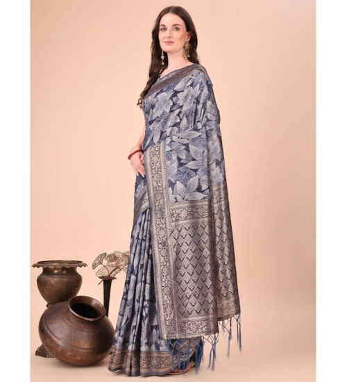 Generic Women's Cotton Printed Saree With Unstitched Blouse 5.5Mtr (Navy Blue)
