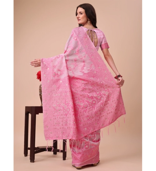Generic Women's Cotton Printed Saree With Unstitched Blouse 5.5Mtr (Pink)