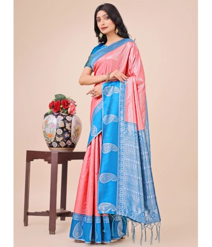 Generic Women's Lichi Silk Printed Saree With Unstitched Blouse 5.5Mtr (Peach)